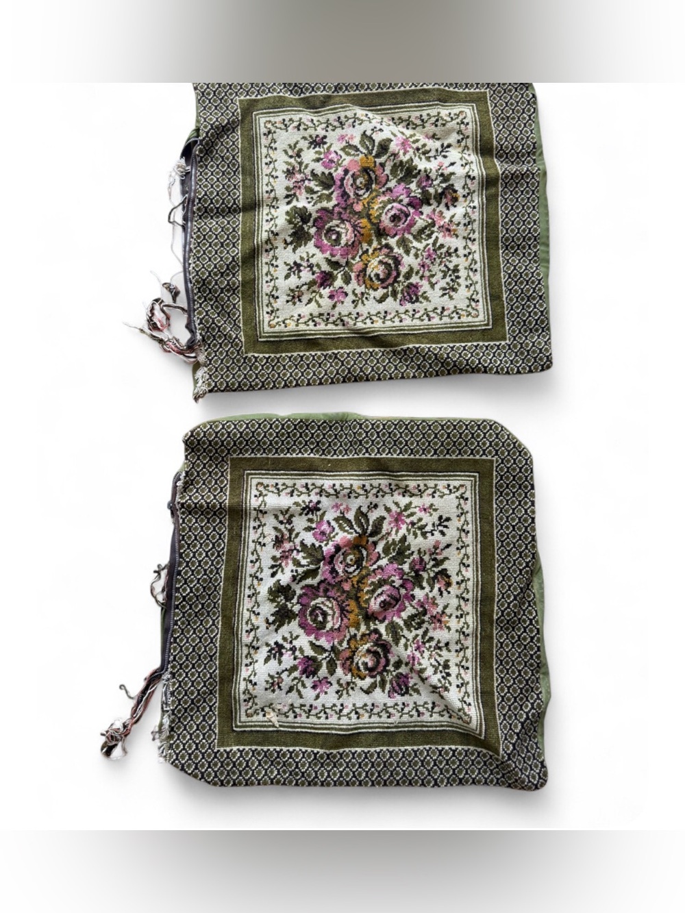 Vtg 60s Botanical Pattern Needlepoint Square Pillow cases green purple pink